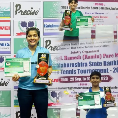 A collage of our champions from the 3rd Maharashtra State Ranking Tournament in Nanded. Annanya Basak (Women's Gold), Aayan Athar (U-11 Gold), and Aakarshan Yadav (U-11 Bronze) all on the podium.