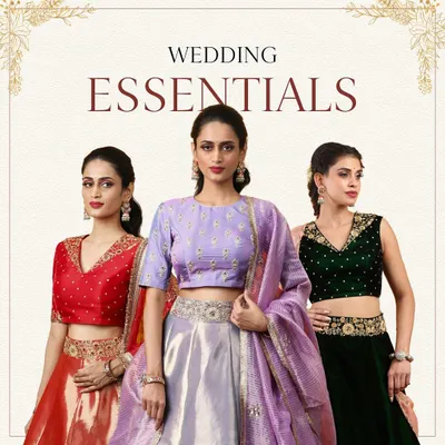 A collage of our wedding essentials, featuring lehengas in red, lilac, and green, showcasing the variety of styles we offer.