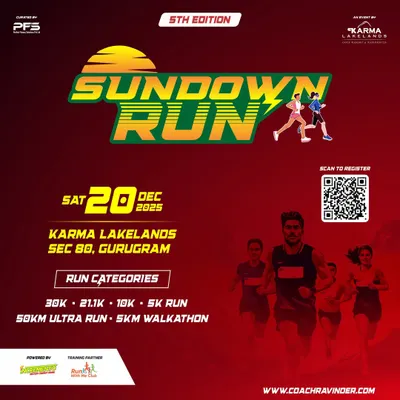 The Sundown Run is one of our signature night races in Gurugram, offering categories from a 5K to a 50KM Ultra Run on a secure, traffic-free route.