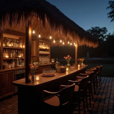 A rustic, tiki-style bar I set up for a resort event. The warm lighting and wooden finish create a relaxed, inviting atmosphere for guests to enjoy their drinks.