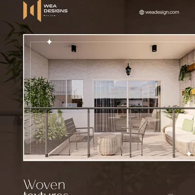 A beautifully crafted balcony corner with woven textures and comfortable seating, designed for stillness and relaxation.