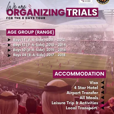 Your chance to go international. We are holding trials for the 8-day Qatar Youth Cup tour, with all accommodation and travel included.
