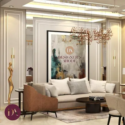 This living room design is all about creating an elegant and classy atmosphere. I used bespoke wall treatments and a large abstract art piece to create a focal point. The space is furnished with custom pieces, including a unique center table and a sculptural art installation, to enhance the room's grandeur.