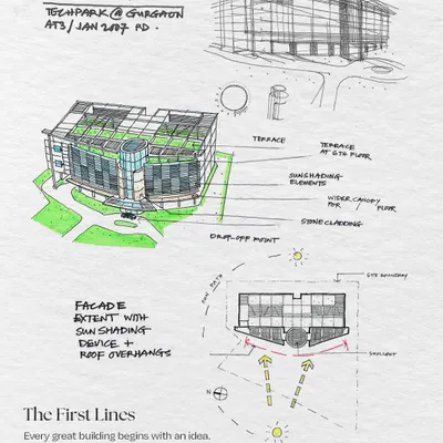 The first lines of the Infotech Centre project. This image shows our earliest concept sketches, capturing the defining features like the curved glass facade, terrace placement, and sun-shading elements that shaped the final design.