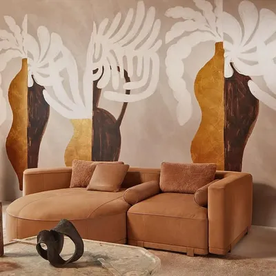 This wallcovering is a celebration of transformation, where abstract forms and metallic accents turn a simple wall into a sublime work of art. The custom-sized vinyl panel offers a washable finish, blending beauty with practicality for a modern living space.