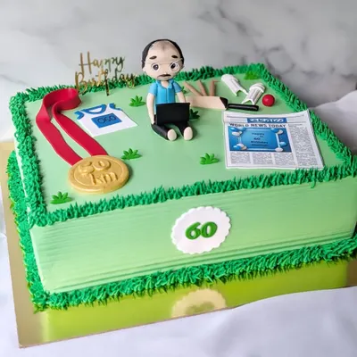 This cake honors the career and passions of a retiring newspaper editor. It combines elements of his work, like an edible newspaper, with his hobbies, including marathon running and cricket, creating a complete story of his life at 60.