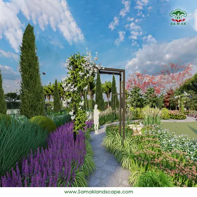 A winding stone pathway guides you through a vibrant perennial garden. The path is flanked by lush plantings of lavender and other flowering species, leading towards an elegant archway, inviting exploration and creating a sense of journey.