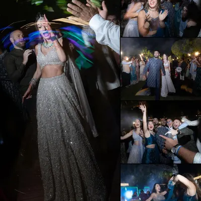 A dynamic collage from Uday and Samara's reception, capturing the bride dancing with light trails, guests enjoying the party, and the overall vibrant energy of the night.