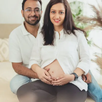 A classic and happy couple's portrait, dressed in simple white shirts and casual wear, focusing on their joyful connection.