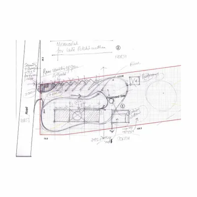 A preliminary site plan sketch for the memorial. This initial drawing maps out the visitor's path, the placement of the main structure, and the integration of rare trees and landscaping, forming the basis for our site-sensitive design.
