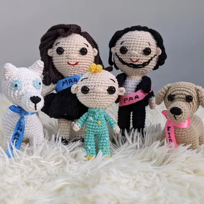 A custom crochet family portrait created as a special baby shower gift. It features the mom-to-be, dad, a new baby, and their two beloved dogs, each with a personalized sash.