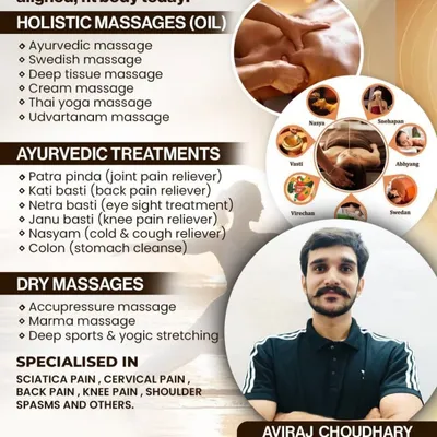 This is a detailed menu of the therapeutic services I offer to bring balance to your body and mind. You can choose from a variety of holistic oil massages, targeted Ayurvedic treatments for pain and detox, and effective dry massages for deep stretching and energy point stimulation. I am certified to perform all these therapies and will help you select the best one for your needs.