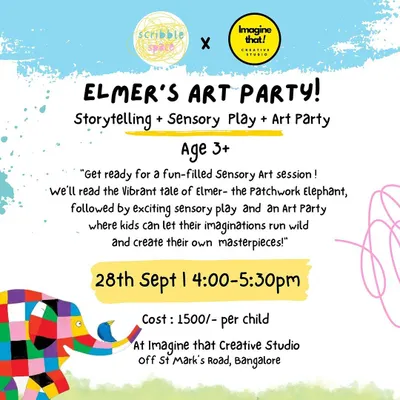 Announcing our "Elmer's Art Party," a workshop where storytelling meets sensory play. Inspired by the patchwork elephant, we celebrate uniqueness and color through a series of fun, hands-on art activities.