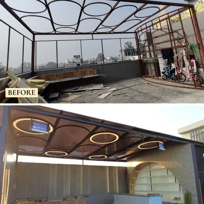 A dramatic before and after of a terrace pergola project. I transformed the basic metal frame into a chic, modern rooftop bar and lounge area with integrated circular lighting and a marble-finish counter.