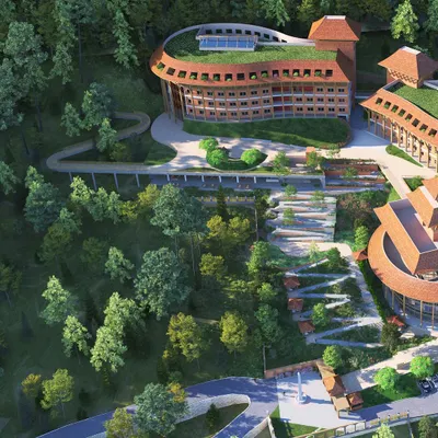 Our master plan for the Netaji Subhash Chandra Bose University of Excellence in Sikkim demonstrates our expertise in designing for challenging terrains. This aerial render shows how buildings are integrated into the natural contours of the land, preserving the landscape while creating a cohesive campus.