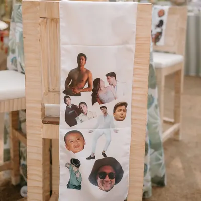 We created custom stoles for the groomsmen, printed with a collage of the groom's photos, from baby pictures to gym selfies. It was a quirky, personal keepsake.