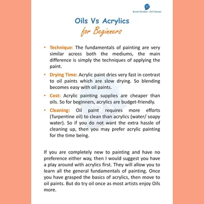 Are you a beginner confused between oil and acrylic paints? This simple guide breaks down the key differences in technique, drying time, cost, and cleaning to help you choose the right medium for your first painting.