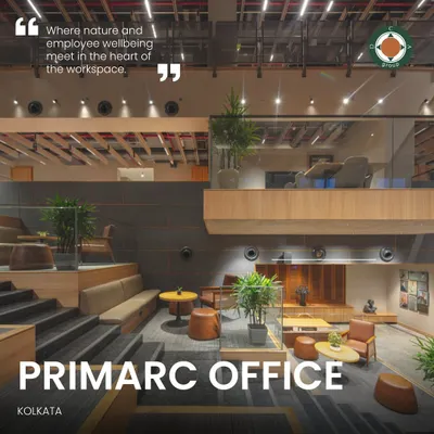 The Primarc Office in Kolkata redefines the traditional workspace with a design that encourages openness and collaboration. This view showcases the multi-level atrium, with floating meeting pods and terraced seating that create a dynamic and connected environment.