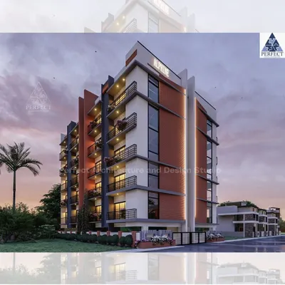 Exterior design for a mid-rise apartment building, 'Alpine'. This 3D render showcases a mix of brick cladding and white plaster, with private balconies for each unit and an illuminated central design feature.
