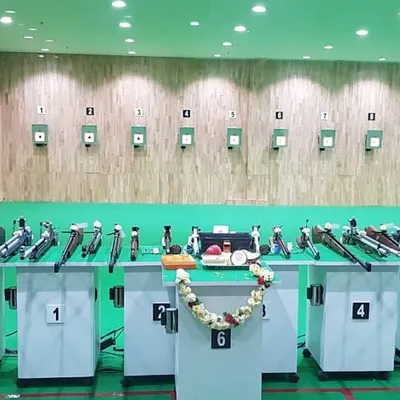 Our range is prepared for Ayudha Pooja, a day we honor the tools of our sport. This is our main 10 meter range, equipped for both air rifle and air pistol training.