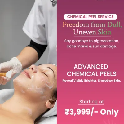 This shows a client undergoing a chemical peel application. This treatment is your first step towards freedom from dull, uneven skin, effectively targeting pigmentation, acne marks, and sun damage.