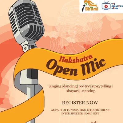 The poster for a Nakshatra Open Mic, a fundraising event to support a cultural fest for underprivileged children.