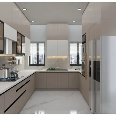 A photorealistic 3D render of a spacious U-shaped kitchen. This visualization helps clients see the final look, including the dual-tone cabinet finish, marble-style flooring, and lighting scheme.