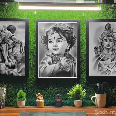 A display of my three devotional sketches of Lord Hanuman, Shri Krishna, and Lord Shiva. These framed pieces show how my art can be used to create a beautiful and spiritual corner in your home.