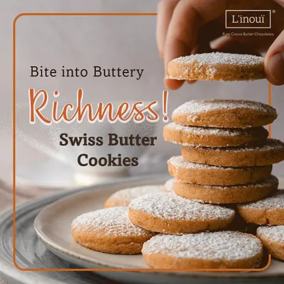 Bite into the buttery richness of our Swiss Butter Cookies. These simple, elegant cookies are made to melt in your mouth, with a delicate crunch and a dusting of powdered sugar.