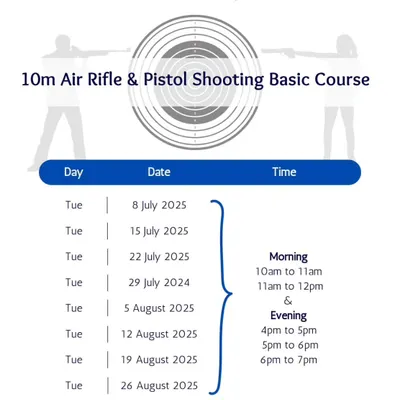 Here are the details for our upcoming 10m Air Rifle & Pistol Basic Course. The program is designed for absolute beginners, covering everything from safety to shooting technique over several weeks.