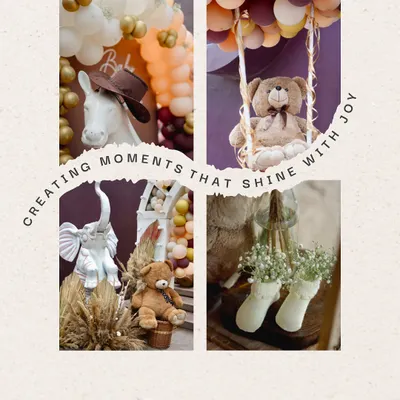 A collage of sweet details from a "Baby in Bloom" themed baby shower. It features adorable teddy bears, whimsical animal statues, and delicate floral touches, all contributing to a joyful and celebratory atmosphere.