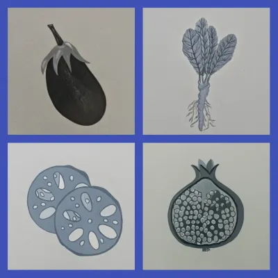 A set of four monochrome studies of vegetables and fruits: an eggplant, spinach, lotus root, and pomegranate. This shows my skill in still life and botanical illustration.