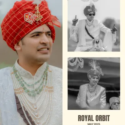 A collage of the groom, Lokesh, during his baraat. The mix of color and monochrome shots captures his royal look and the energy of the procession.