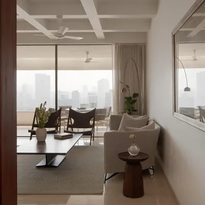 This view of the Altamount Road apartment showcases several bespoke furniture pieces, including the dark wood coffee table and sculpted side table. Each item was designed to complement the light-filled, open-plan living space.