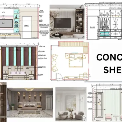 This is a concept sheet for a master bedroom, where I map out everything from the floor plan and furniture layout to the electrical points and design elevations. This detailed blueprint ensures a flawless execution.