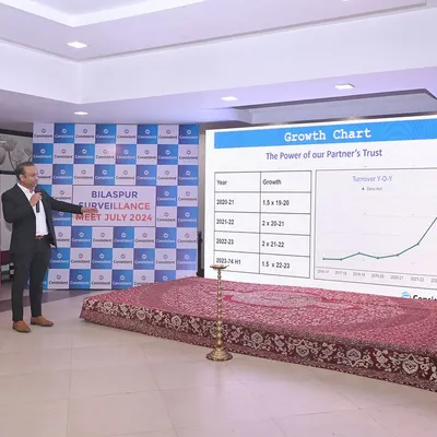 Here, our CEO and Co-Founder, Yogesh Agrawal, presents our company's growth chart at the Bilaspur Surveillance Meet. This event was an opportunity to share our success, which is built on the trust of our partners.