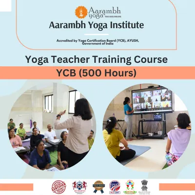Our 500-hour Yoga Teacher Training Course is your path to becoming a globally certified yoga teacher. This graphic highlights our hybrid model, offering both offline classes in Mumbai and live online sessions, along with personal mentorship and career support.