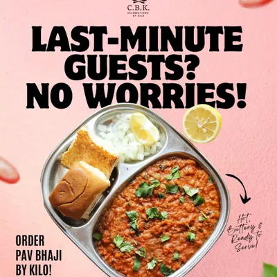 Our Pav Bhaji by the kilo is the ultimate solution for last minute guests. This image shows the classic dish served hot and ready, a guaranteed hit for any gathering.