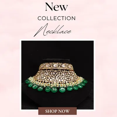 Announcing our new collection of necklaces, now available for rent. This beautiful Kundan and green bead choker is a highlight.