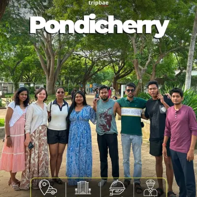 A group of travelers enjoying the pleasant weather in Pondicherry. Our trips to the French Riviera of the East include exploring the charming streets, beaches, and cafes.