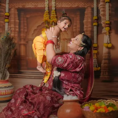 I believe in capturing the magic in everyday moments. For this mother and child portrait, we created a divine Krishna-themed setup in my studio, turning a simple photoshoot into a cherished memory filled with love and innocence.