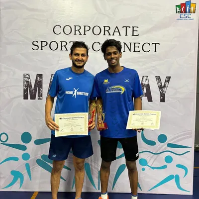Our coaches, Yash Tiwari and Shubham Pal, after winning gold at the CSC badminton tournament. Their 21-12, 21-14 victory demonstrates the high level of skill they bring to the academy.