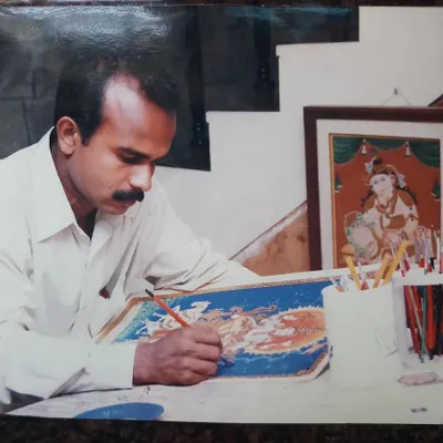 Looking back at the moment when my father, Raghavendra B.B., chose to embrace Mysore painting full-time. His dedication and artistry have brought tradition to life in every stroke.