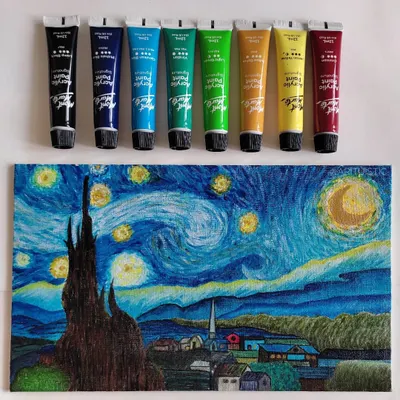 My finished acrylic painting of Van Gogh's "Starry Night" on an Arteza canvas. This was my first painting in over a year and I'm so happy with how the textures and colors turned out.