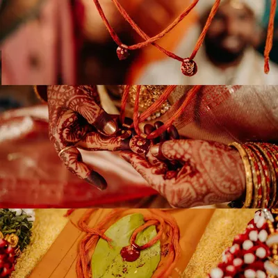 A collage focusing on the small, sacred details of a Hindu wedding. The mangalsutra on a betel leaf is a beautiful and symbolic shot.
