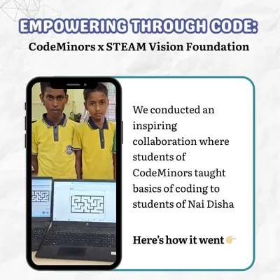 This image marks our inspiring collaboration with STEAM Vision Foundation, where my students taught the basics of coding to learners at Nai Disha. It was a powerful experience of peer-to-peer mentorship.