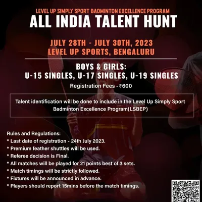 This poster contains all the details for our All India Talent Hunt, the primary scouting event for our academy. We invite dedicated U-15, U-17, and U-19 players to register and compete for a chance to be inducted into our Level Up Simply Sport Badminton Excellence Program.