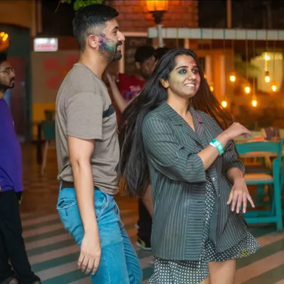 Our Holi party was a blast of color and energy! Here are some dancers still grooving with smiles on their faces.