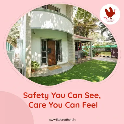 A view of our school's entrance and secure, green outdoor area. This image communicates our promise of "Safety You Can See, Care You Can Feel," with features like 6 ft walls and monitored premises.