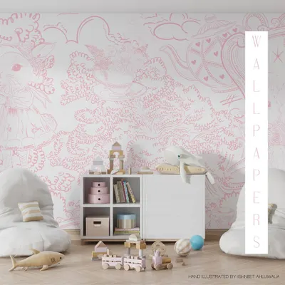 My 'Tea Among the Trees' pattern creates a magical, whimsical world for a child's room. This hand-illustrated wallpaper, with its soft pink line work, is designed to spark joy and storytelling for the little ones.